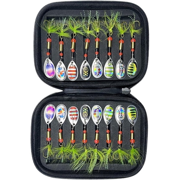 16 Pcs Leurres de Pêche Toupies, Trousse de Pêche à la Truite en Métal avec Hameçons Triples et Queue de Coq pour Eau Douce et Eau Salée