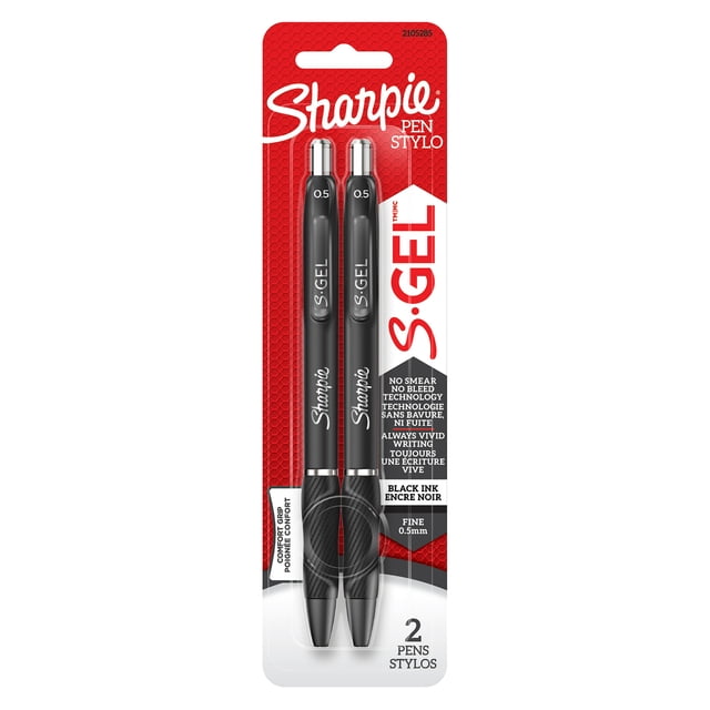 Sharpie S-Gel gel pens fine point 0.5 mm black ink 2 count pack with two black gel pens featuring contoured rubber grips and silver accents on red and white packaging highlighting no smear no bleed technology and vivid writing, ideal for office and school use.