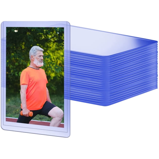 100 Pack 3x4 Inch Top Loaders for Cards by Entesi, featuring rigid, super clear plastic sleeves designed to protect standard-sized cards (2-1/2 x 3-1/2 inches). These archival-grade, non-PVC, acid-free card protectors are waterproof, dustproof, and ideal for trading cards, sports cards, game cards, and baseball cards. The image shows a stack of transparent card sleeves with one sleeve displaying a card inside, highlighting its clarity and protective design.