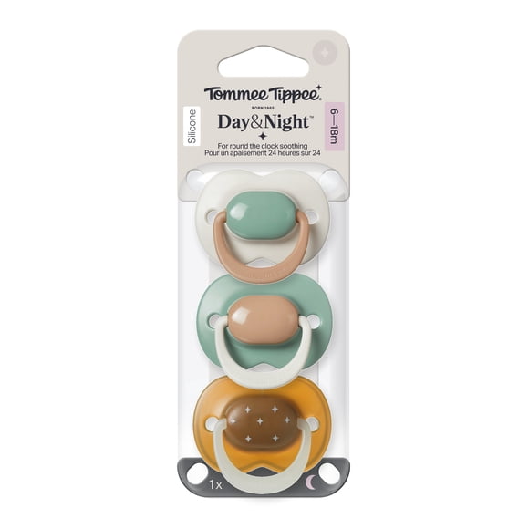 Suce Tommee Tippee Ultimate Fit Jour et NightGlow, 6 à 18 mois, paquet de 3, couleurs contrastées et modèles lumineux dans le noir, peut être stérilisée et lavée au lave-vaisselle.