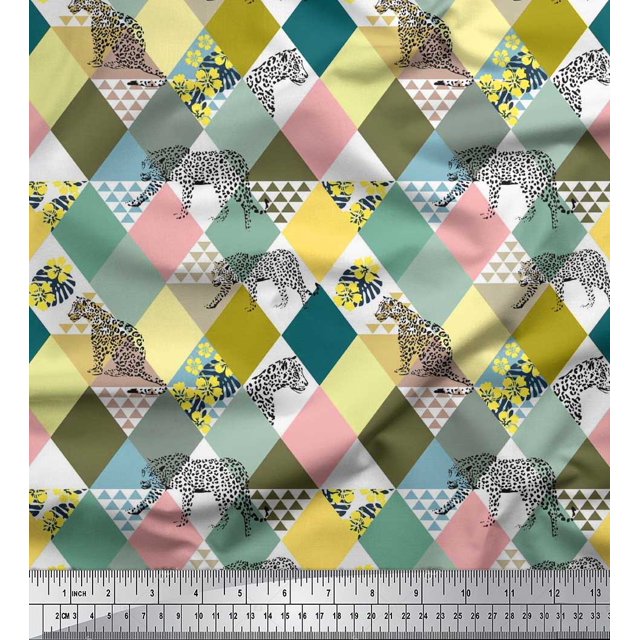 Soimoi Moss Georgette Fabric Leopard & Argyle Patchwork Printed Fabric 1 Yard 42 Inch Wide