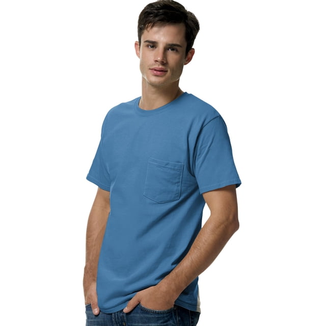 Hanes TAGLESS Men`s Pocket T-Shirt, S, Denim Blue