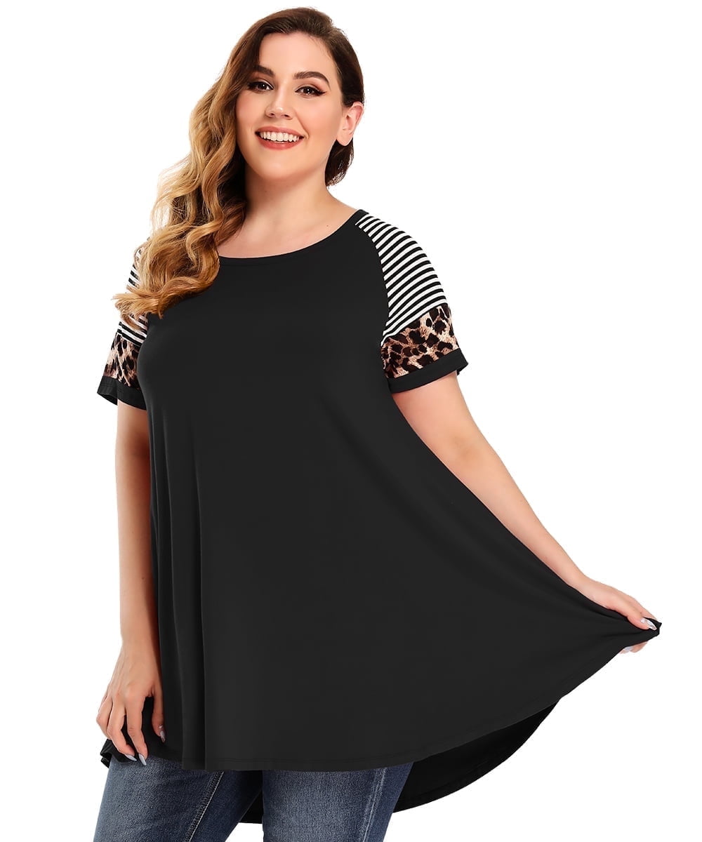 LARACE Plus Size Tunic Tops for Women Pleated Flowy Short Sleeve Shirts Black 5X