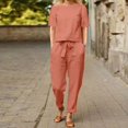 thumbnail image 2 of BYHONG Pantalon Décontracté d'Été pour Femmes Couleur Unie Lin Manches Courtes Col Rond Ample Jambes Larges Costume Pantalon Rouge L, 2 of 9