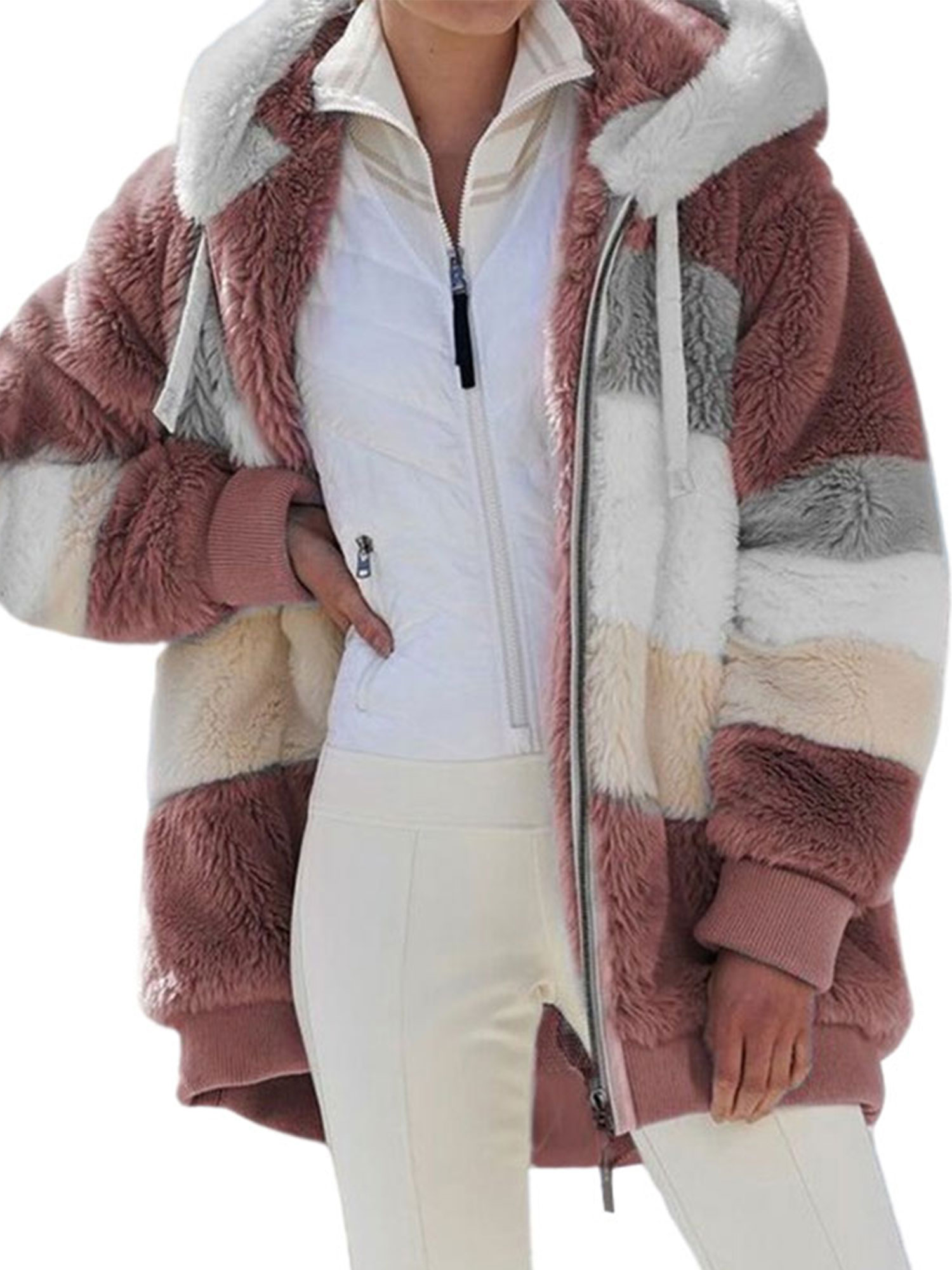 Innerwin Veste à Manches Longues Manteau Femme Hiver Chaud Patchwork avec Poches Manteau Extérieur Rouge P