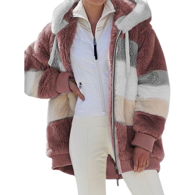 LUXUR Veste pour Femmes Patchwork Manteau d'Extérieur à Manches Longues Cardigan Ample Chandail à Capuchon Pardessus Rouge 3TG