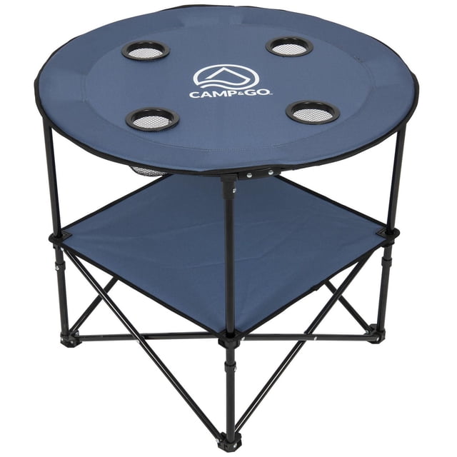 28" diameter fabric round portable table with navy blue fabric top featuring four 4-inch mesh cup holders and a white Camp & Go logo. It has a black folding metal frame and a lower fabric shelf, ideal for compact storage and outdoor use like beach or camping.