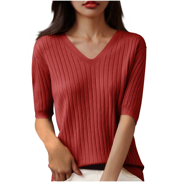 Womens Short Sleeve V Neck T Shirt 2025 Summer Ribbed Knit Slim Fit Basic Solid Color Tee Tops Fashion Clothes