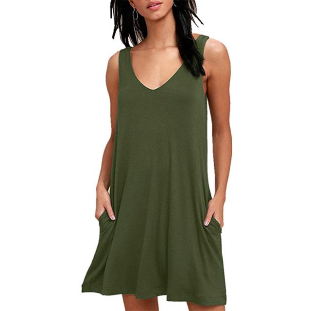 Robe d'Été V Cou T-Shirt Couleur Unie Casual Robe d'Été Décontractée en Vrac Robe de Réservoir de Plage, Vert, XXL