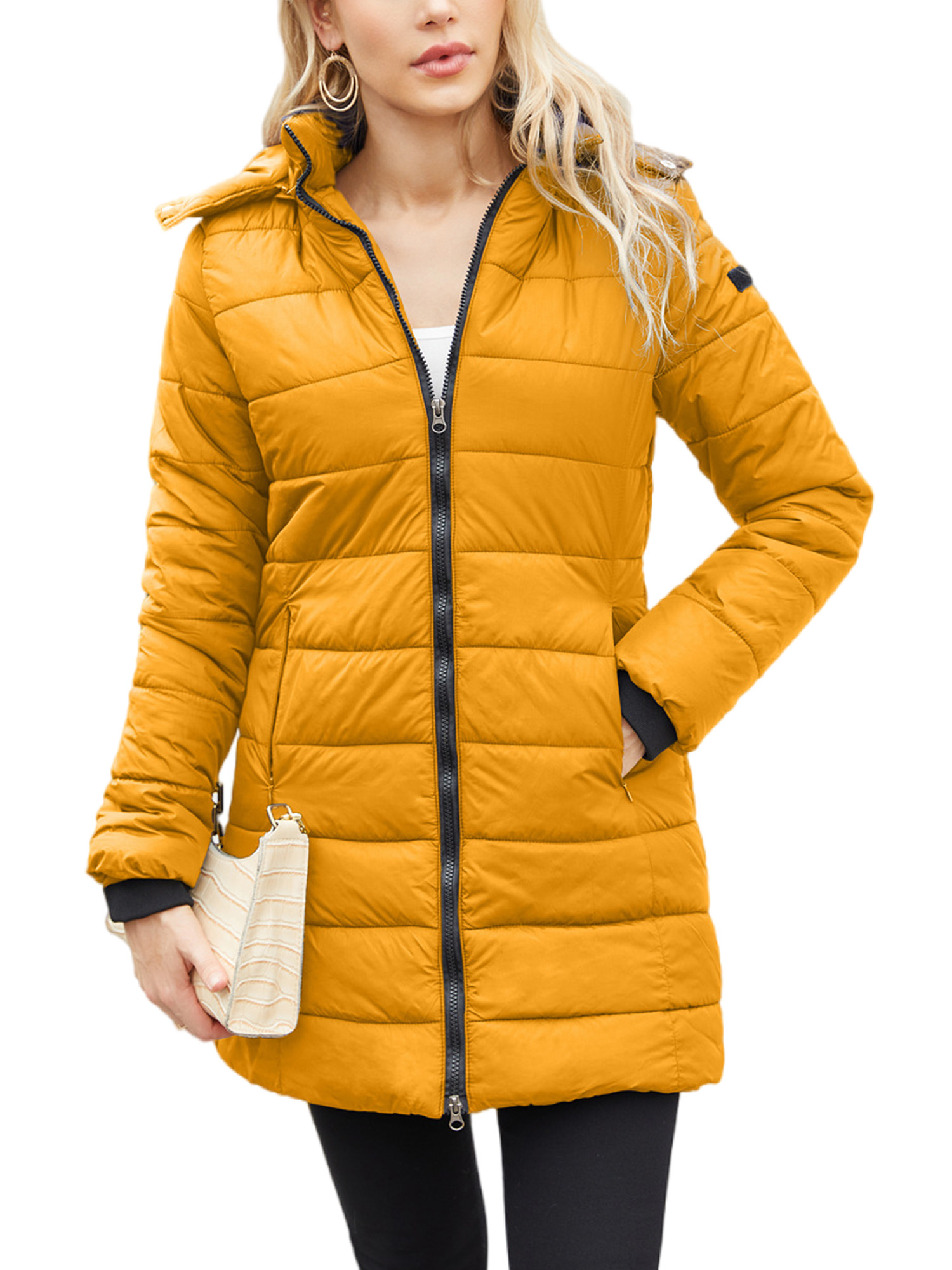 Innerwin Hooded Coats Solid Color Women Down Winter Long Sleeve Lightweight Puffer Jacket Sunflower XS