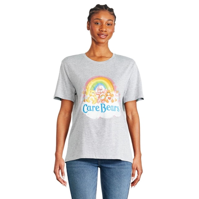Care Bears women's short sleeve tee in grey jersey knit fabric featuring a front graphic print of colorful Care Bears under a rainbow with the text 'Care Bears', designed with a crew neckline, relaxed boyfriend fit, and straight hem, suitable for casual everyday wear.