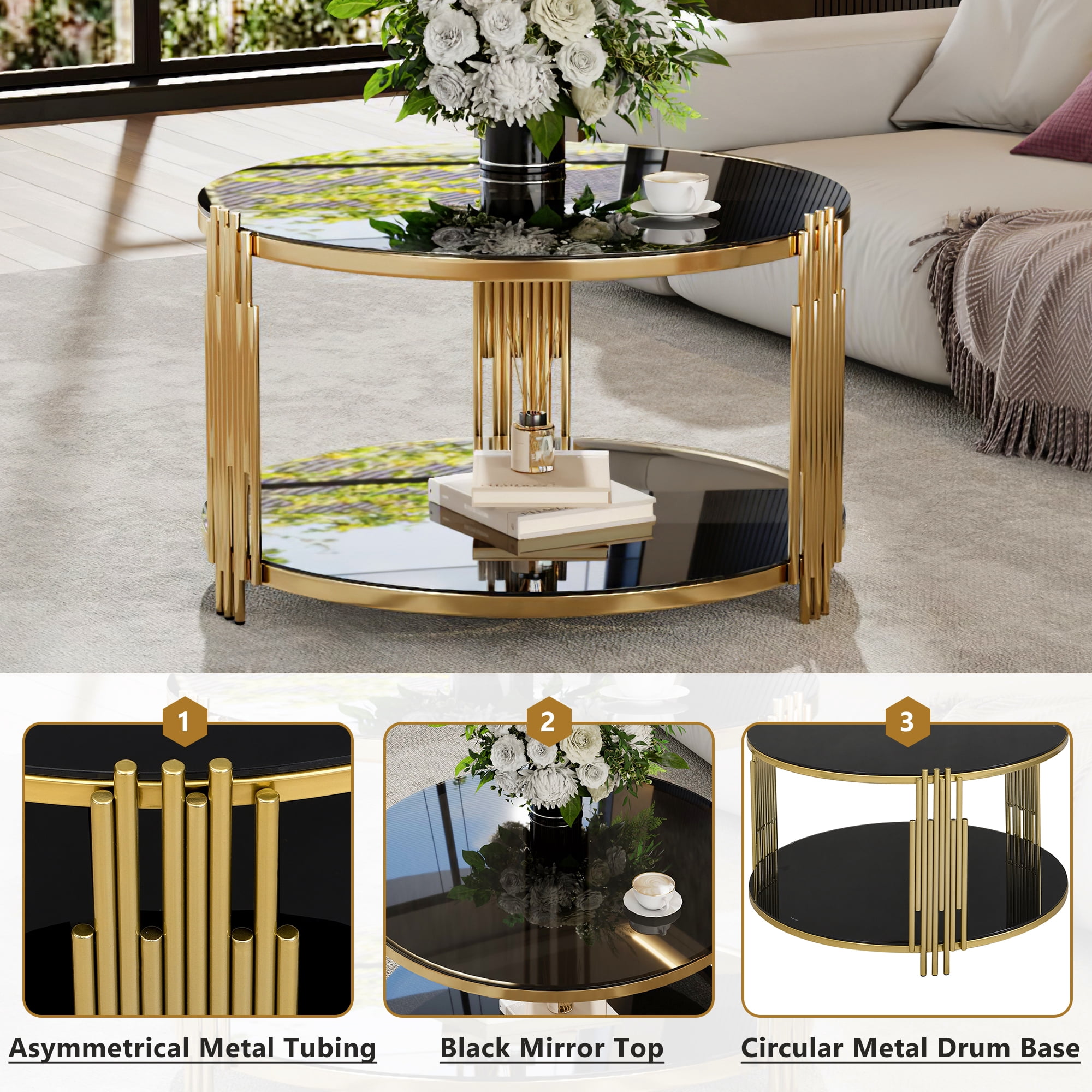 Table basse moderne en verre Noble House 31,5 po, fini doré, noir et or