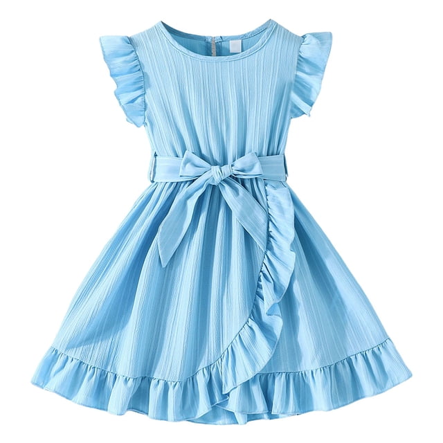 Splozh Robes Filles Robes Filles Printemps Été Manches Volantées Ligne A avec Ceinture Poches Robe Décontractée de Fête pour Enfants Bleu Ciel,7-8 Ans