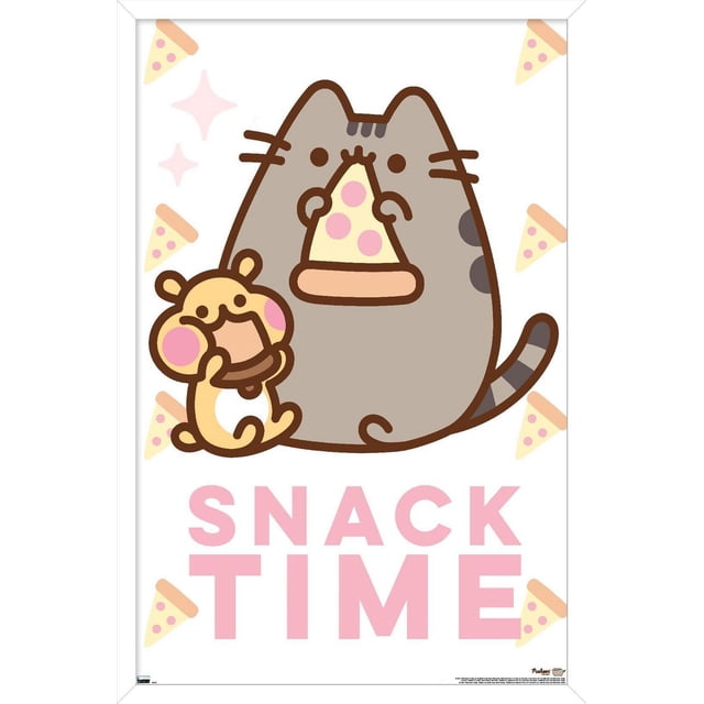 Pusheen - Snack Time Wall Poster, 14.725" x 22.375" Framed featuring a front-facing cartoon of the gray tabby cat Pusheen holding a pepperoni pizza slice, accompanied by a small beige hamster eating a snack, with pink 'SNACK TIME' text and pizza slice illustrations on a white background, ideal for bedroom or office wall decor.