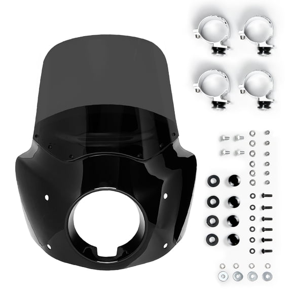 Krator Motorcycle Windshield & Fairing Complete Kit, Road Warrior Windshield, Compatible with Harley Davidson Dyna and Softail, Motorcycle Accessories, Glossy Black and Smoke Windscreen, 11" Height