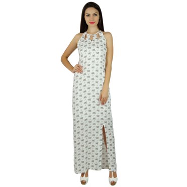 Bimba Robe Longue Maxi en Coton Blanche pour Femmes avec Fente Latérale, Florale, Pleine Longueur, Sans Manches