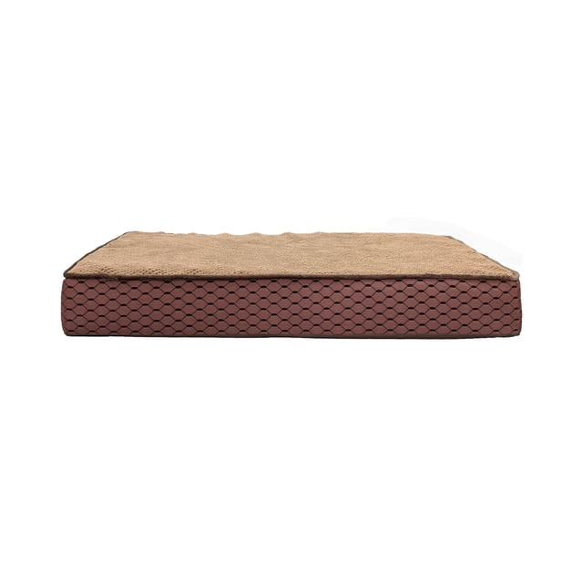 Sleep Zone Bamboo Dog Bed with a rectangular shape featuring a beige machine washable velour cover and a brown hexagonal patterned base, containing 4-inch high density orthopedic foam infused with bamboo charcoal to regulate moisture, temperature, and odour, with an anti-skid bottom and hypoallergenic materials, suitable for dogs of all sizes and ages and often used as a supportive resting spot for pets with joint needs.