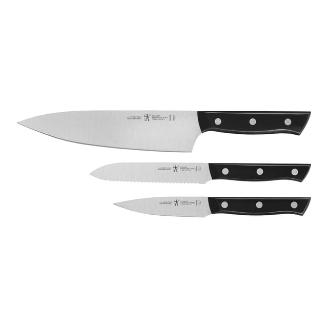 HENCKELS Dynamic Ensemble de Couteaux 3 Pcs, un Ensemble de Départ de Cuisine Comprenant un Couteau de chef de 8 Pouces, un Couteau Utilitaire Dentelé de 5 Pouces et un Couteau d'Office de 4 Pouces. Fabriqué en Acier Inoxydable de Haute Qualité, Ces Lames Estampées avec Précision Offrent une Durabilité et une Maniabilité Légère. les Poignées Ergonomiques à Triple Rivet Assurent Confort et Équilibre. Idéal pour Hacher, Éplucher et Couper Divers Aliments.