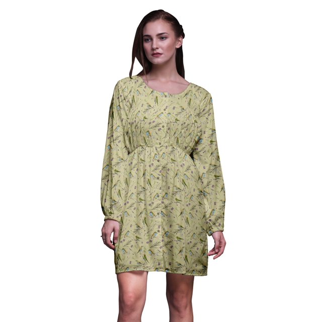Bimba Robe Midi à Manches Longues pour Femmes, Coupe Décontractée, Imprimée Beige Bleu Baies et Oiseau Flowerpecker - Xxx-Grand