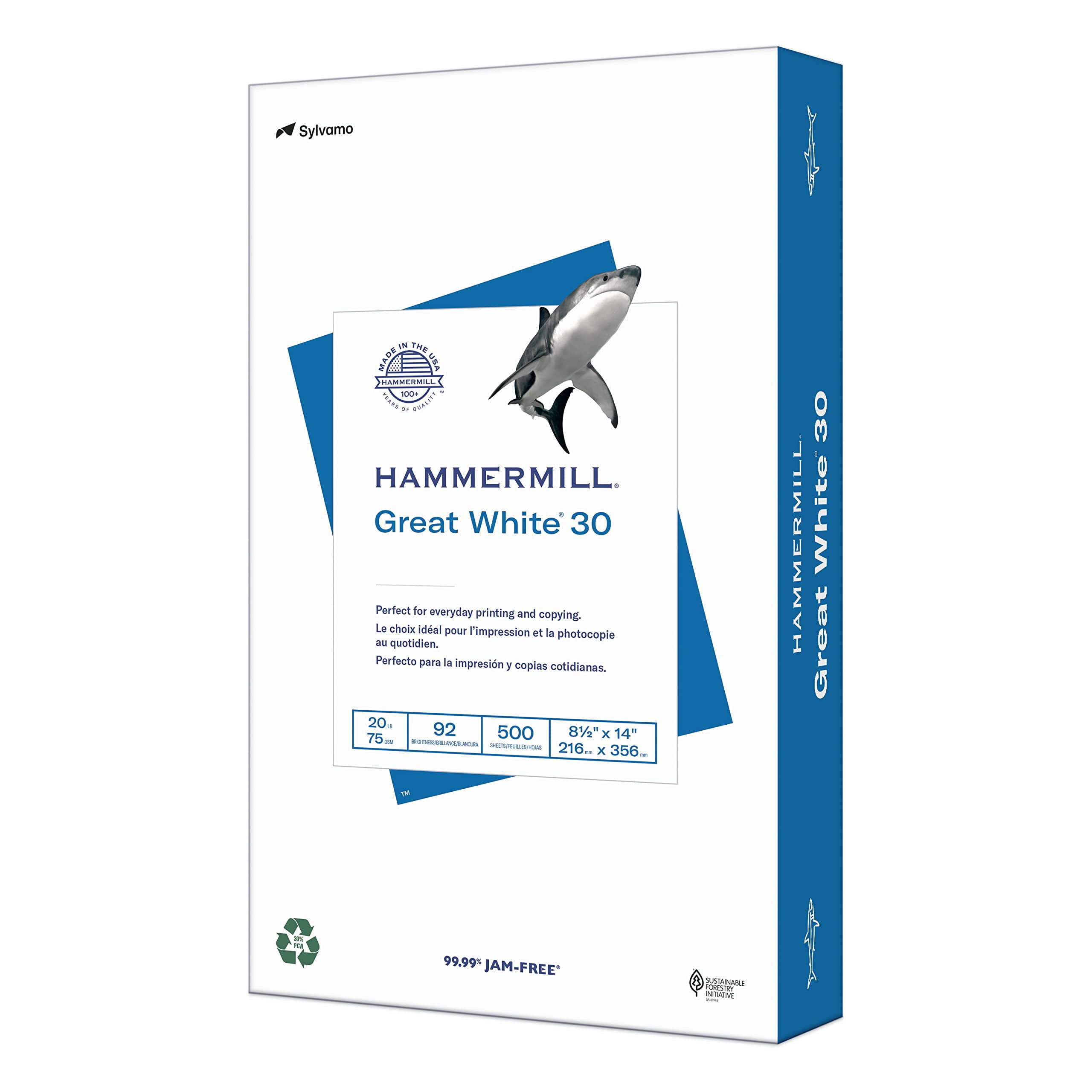 Hammermill Printer Paper, Great White 30% Recycled Paper, 8.5 x 14 - 1 Ream (500 Sheets) - 92 Bright, Made in the USA, 086704