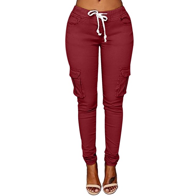 Clearance-Sale Legging with Pocket for Women Solid Color Casual Leggings Drawstring Elastic Low Waist Ruched Womens Pants Multiple Pocket Softy Work Pants for Women Weekly-Deals(Wine,S)