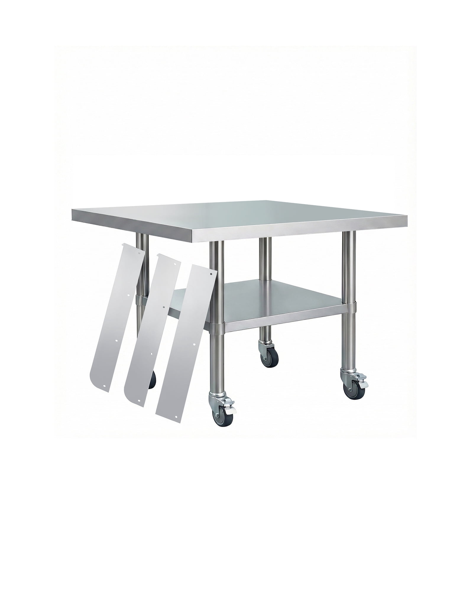 Table de Travail Commerciale en Acier Inoxydable Robuste – Rebord Amovible à 3 Côtés, Tablette Inférieure Ajustable, 4 Roues Verrouillables, Poste de Préparation Utilitaire pour Restaurant, Cuisine, Garage, Boulangerie – 24 X 24 Pouces