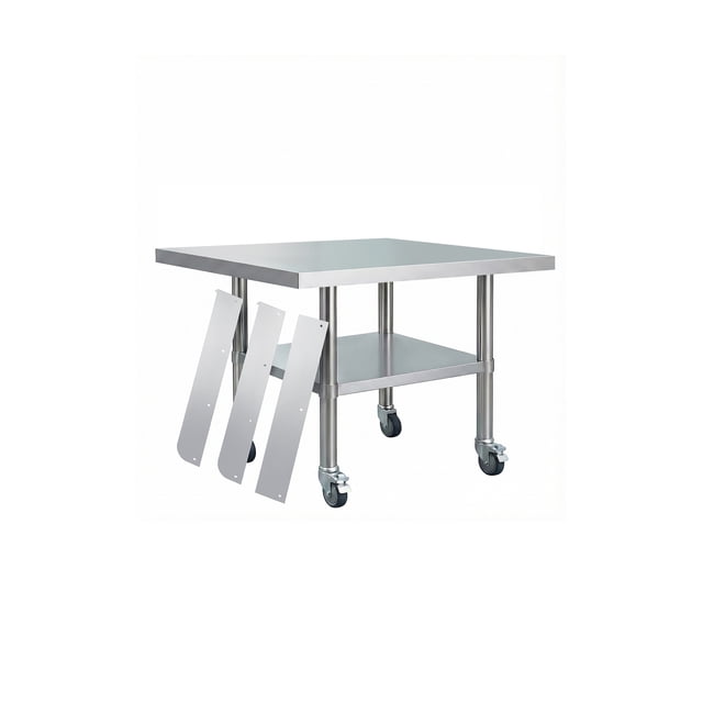 Heavy Duty Stainless Steel Commercial Work Table – Removable 3-Sided Rim, Adjustable Undershelf, 4 Locking Wheels, Utility Prep Station for Restaurant, Kitchen, Garage, Bakery – 24x24 Inches