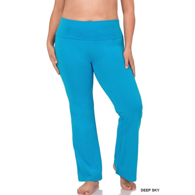 CHUANK Womens & Plus Stretch Cotton Fold-Over High Waist Bootcut Workout Flared Yoga Pants