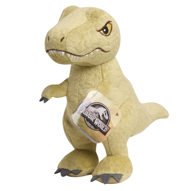 Jurassic World Plush small plush T-Rex by Just Play, a 7-inch tall soft beige dinosaur plush with embroidered eyes, white teeth, and gray claws, holding a Jurassic World tag, ideal for imaginative play and collecting in the plush toys category.