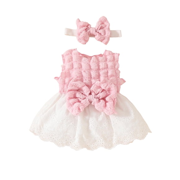 LOVZFMLL Girls Girls' Solid Color Sleeveless Lace With Dress Knot Bow Hairband Two Piece Set