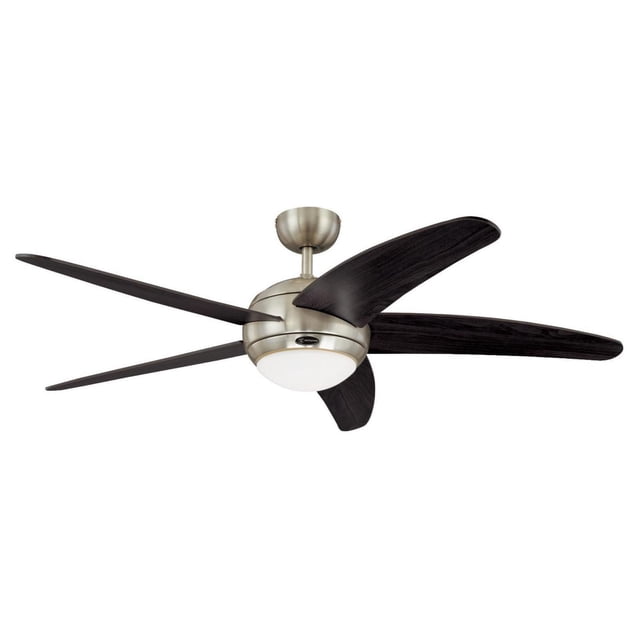 Westinghouse Bendan 52 inch indoor ceiling fan with dimmable LED light fixture in satin chrome, featuring five curved wengue wood blades, integrated LED light, and three-speed motor with reversible airflow for year-round comfort in rooms up to 225 square feet.
