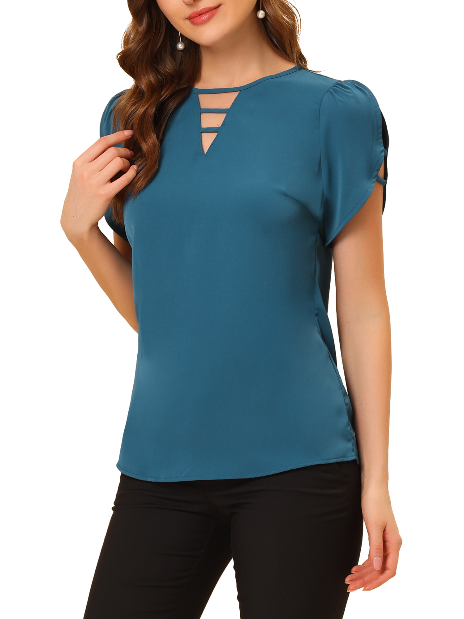INSPIRE CHIC Blouse à Col Ras du Cou en V Découpé à Fente pour Femme, Décontractée, Poignets Froncés, TP Bleu Marine