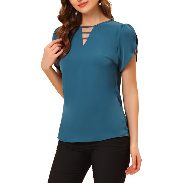 INSPIRE CHIC Blouse à Col Ras du Cou en V Découpé à Fente pour Femme, Décontractée, Poignets Froncés, TP Bleu Marine