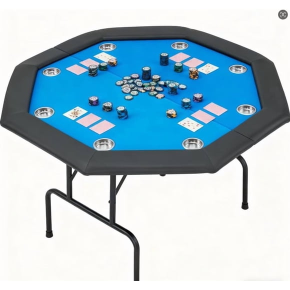47 Inch Octagon Foldable Poker Table, 8 Player Texas Holdem Gaming Table with Cup Holders, Water Resistant Cushioned Rails, Portable Card Table for Home Party Game Night - Blue(Stainless steel cup)
