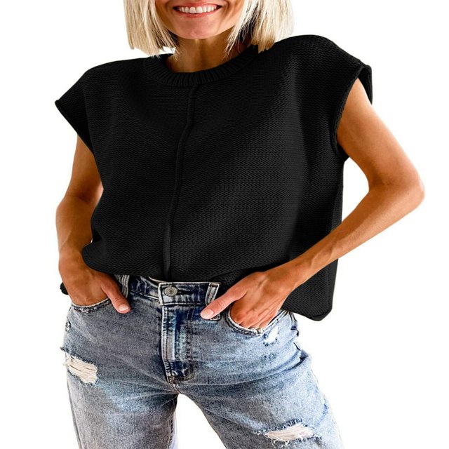 Women Solid Color Sweater Vests Crew Neck Cap Sleeve Loose Pullovers