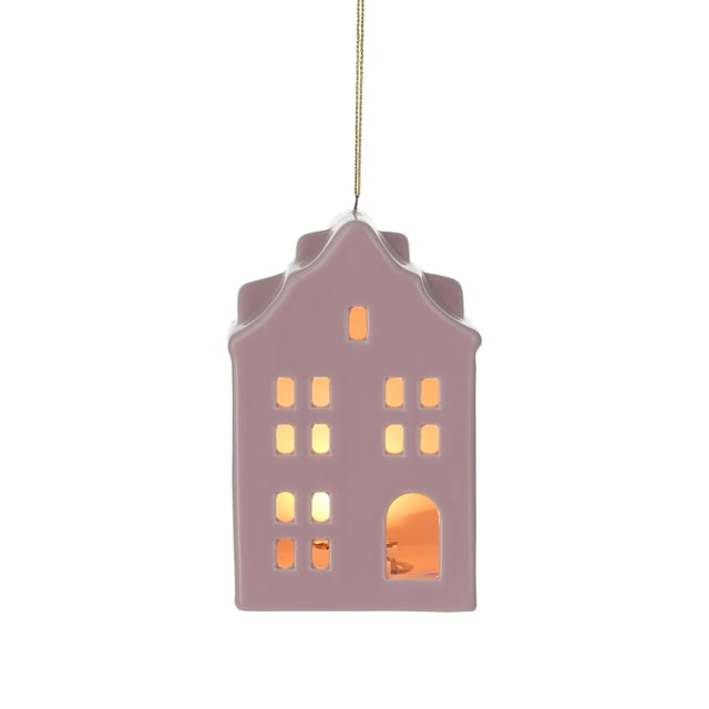 HOLIDAY TIME 4.25 Inch Lighted Pink Ceramic House Ornament, 90% Ceramic 10% Electronic Components Hanging Decor