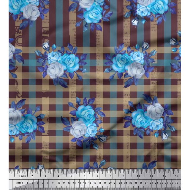 Soimoi Cotton Poplin Fabric Check,Leaves & Rose Flower Decor Fabric Printed Yard 56 Inch Wide