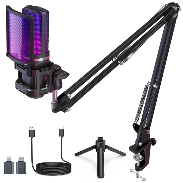 ZealSound Gaming USB Microphone with noise cancellation and RGB lighting, shown with included accessories such as a metal boom arm, collapsible tripod stand, pop filter, USB cable, and adapters. The microphone features a cardioid pickup pattern, mute button, gain control, and dynamic RGB lighting. Ideal for gaming, streaming, podcasting, and content creation on devices like PCs, Macs, PS4, PS5, and smartphones.