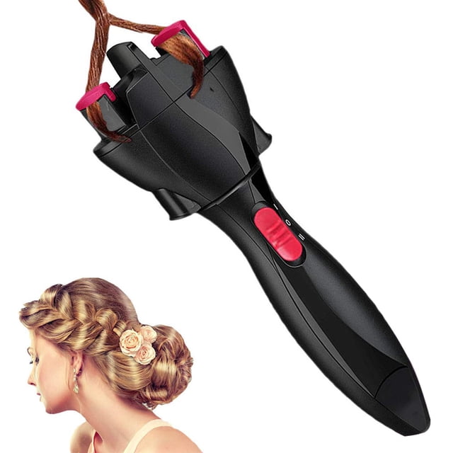 Tresseuse Automatique pour Cheveux, Machine Électrique de Torsion Rapide avec Poignée Ergonomique Noire et Bouton de Commande Rouge en un Clic. Comprend des Rouleaux Intelligents pour une rotation à 360 Degrés et une Technologie Anti-Bourrage, Montrant des Brins de Torsion. un Outil Pratique de Tressage pour la Coiffure Magique DIY et la Torsion Rapide des Cheveux.