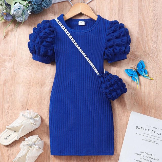 RXIRUCGD Robe Sac à Bulles Légère à Manches Courtes à Col Rond de Couleur Unie pour Petites et Moyennes Filles ( Bleu, Taille : 6 Ans )