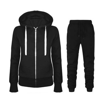 TIMIFIS Women's Two Piece Tracksuit Set Long Sleeve Zipper Hoodie Jacket with Sweatpants Sweatsuit Jogger Workout Set-Black-L - Fall