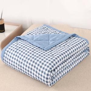 Refurbished Fridja Thin Microfiber Breathable Plaid Pattern Thin Bedding Comforter, Queen, Light Blue - Lightweight