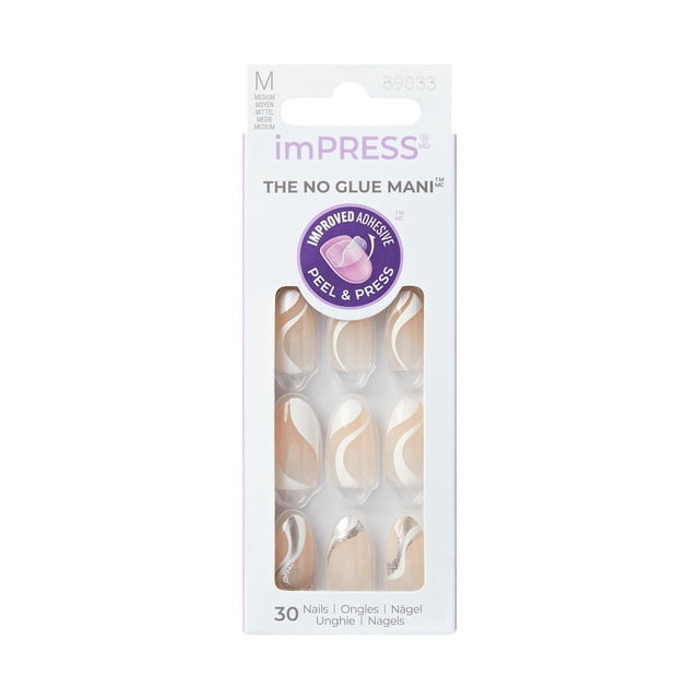 KISS ImPRESS Press-On - Fake Nails, 30 Count, Medium, beige and white swirl design with silver glitter accents, in a white box with clear window, featuring no-glue peel and press adhesive technology for a chip-proof, smudge-proof manicure ideal for quick, comfortable nail enhancement.