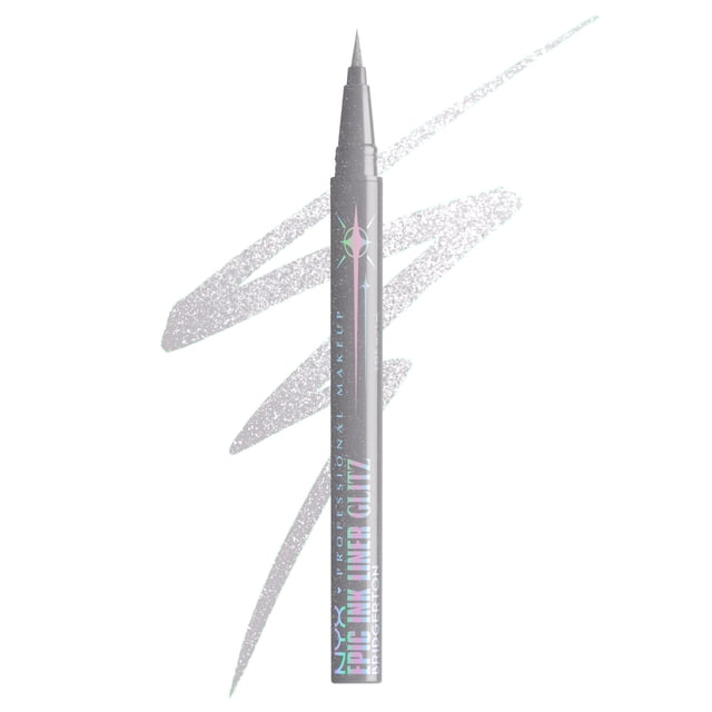 NYX Professional Makeup Bridgerton Royal Liner Glitz liquid eyeliner with ultra-precise brush tip and holographic text on black pen, shown with a silver glitter stroke behind it, offering waterproof, smudge-proof, long-lasting wear and bold sparkle for defined eyes, suitable for creating sharp, dramatic lines.
