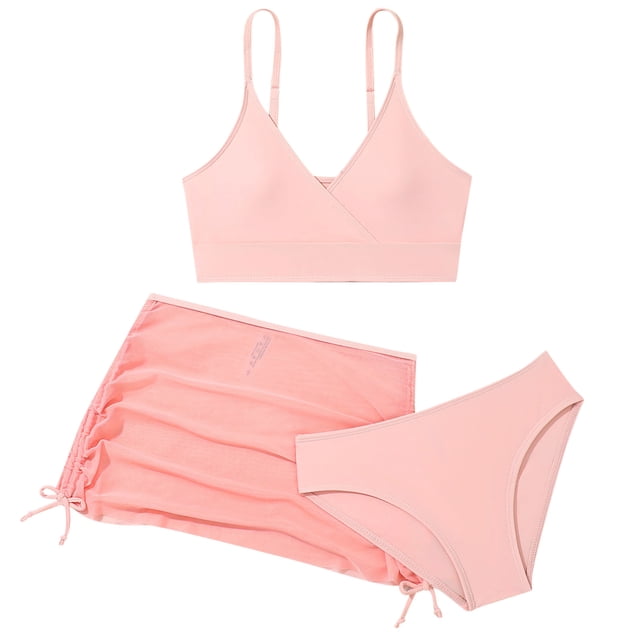 MIASHUI Kids Swimsuit Girls 3 Piece Bathing Suit Bikini Set with Ruched Cover Up Skirt,Light Pink,10-11 Years