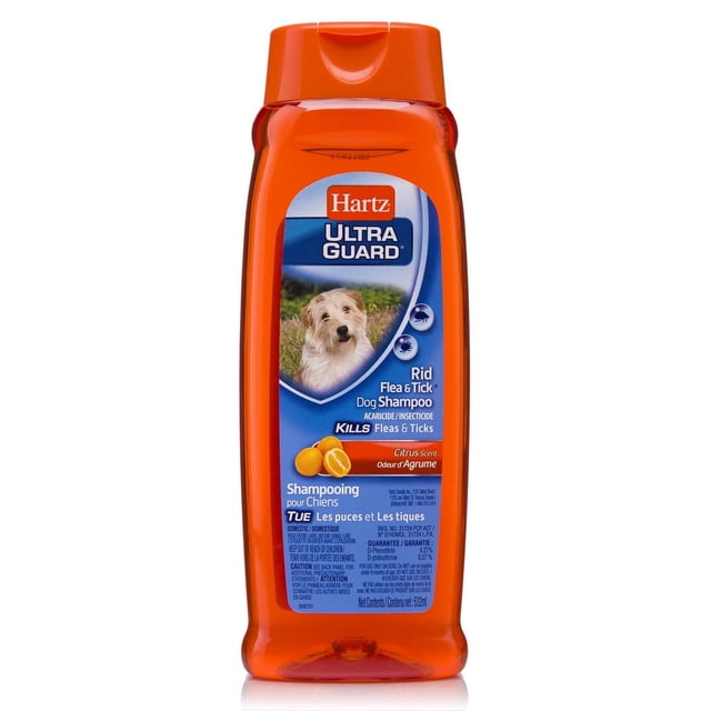 Hartz UltraGuard Rid Flea and Tick Dog Shampoo in a 532 ml orange plastic bottle with a flip-top cap, featuring a blue label with citrus fruit images and text stating it kills fleas and ticks and has a citrus scent.
