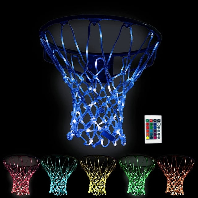 CNKOO Basketball Light Up Hoop Net with interwoven LED lights that change colors using a remote control. Designed for 12-loop rims, it is suitable for indoor and outdoor basketball hoops. The image highlights the net glowing in blue, with additional color options like red, green, yellow, and orange shown below. A wireless remote is included for customizing light patterns and colors.