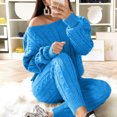 thumbnail image 2 of Womens Ladies Solid Round Neck Cable Knitted Warm 2PC Loungewear Suit Sets, 2 of 6