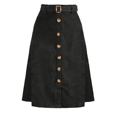 Unique Bargains Women's High Waist Button Front A-Line Belted Corduroy Midi Skirt, Black, Small