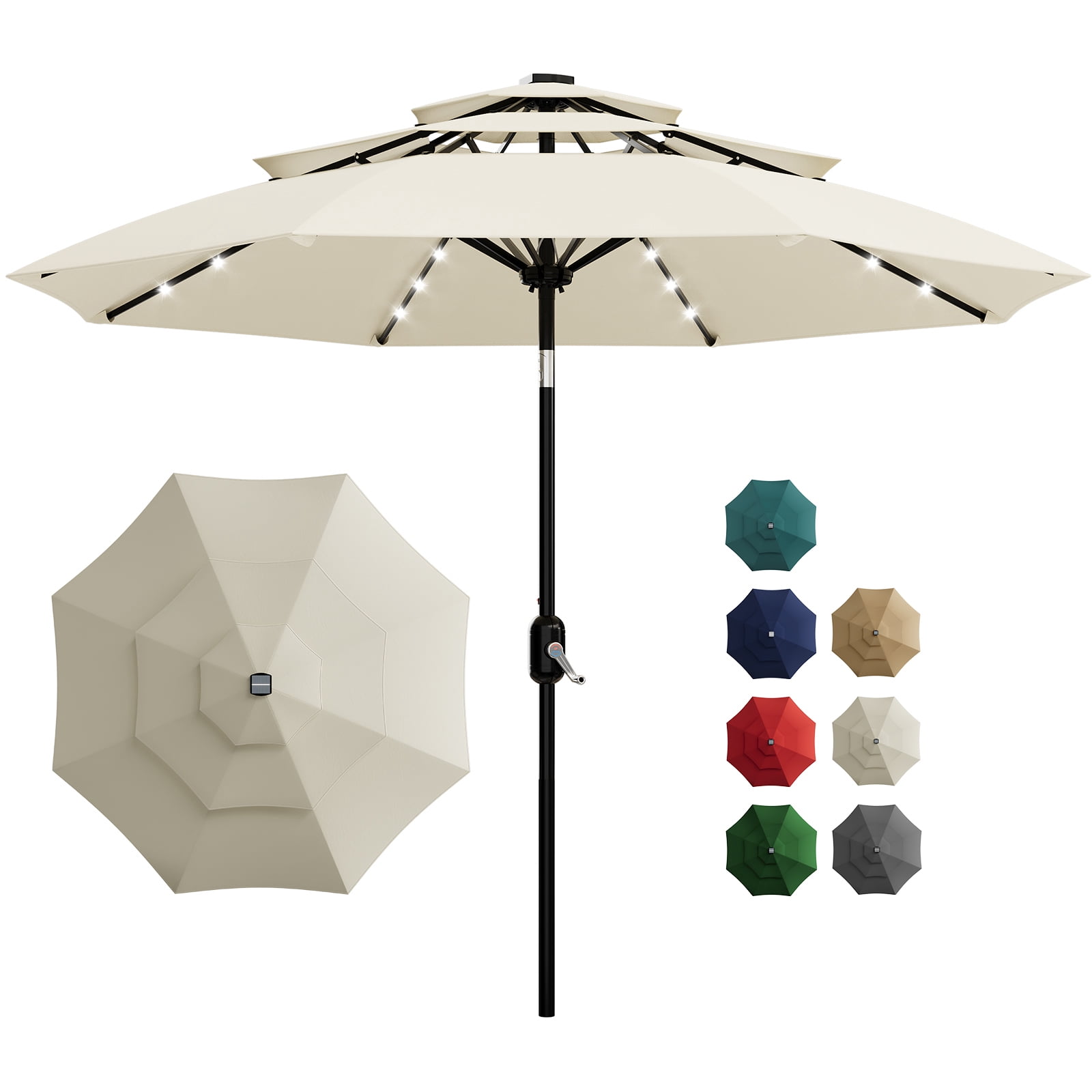 Yiwa 10ft Solar Patio Umbrella Offers a 3-Tier Design With Built-In Led Lights, Easy Crank And Push Button Tilt, Vented Top, And 8 Durable Ribs, Making It Ideal For Your Pool